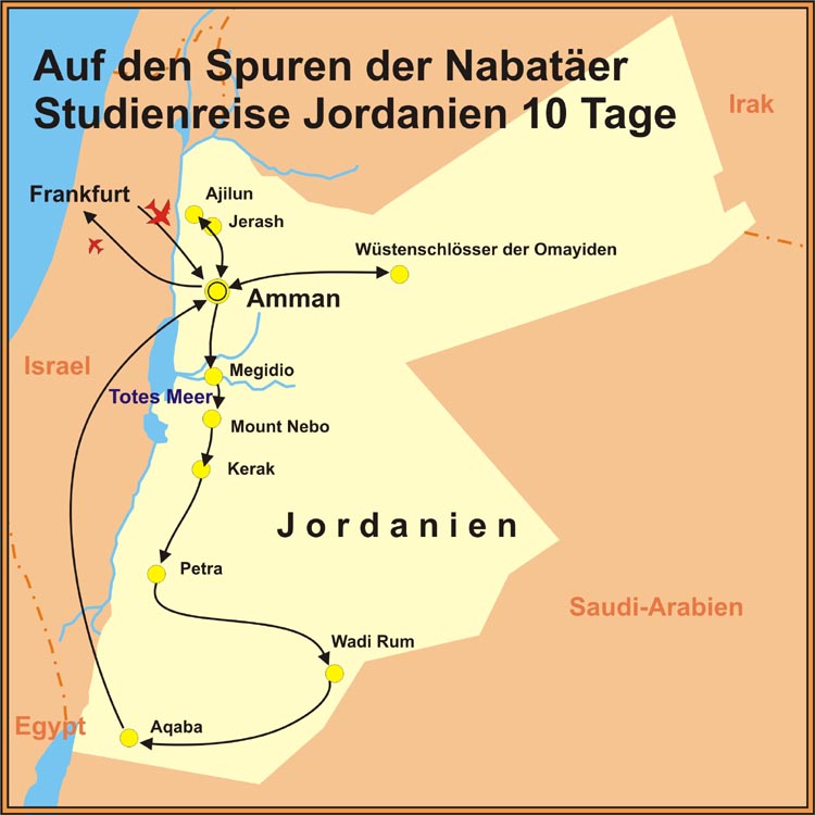 Reiseroute der Jordanien Studienreise